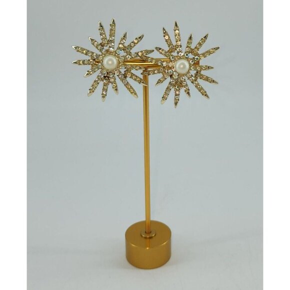 Emmons Retro Faux Pearl Aurora Borealis Rhinestone Clip-On Starburst Earrings - Picture 2 of 6